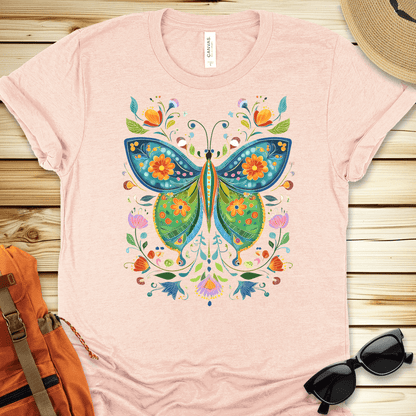1934 Butterfly Folkart Tshirt - Heather Peach