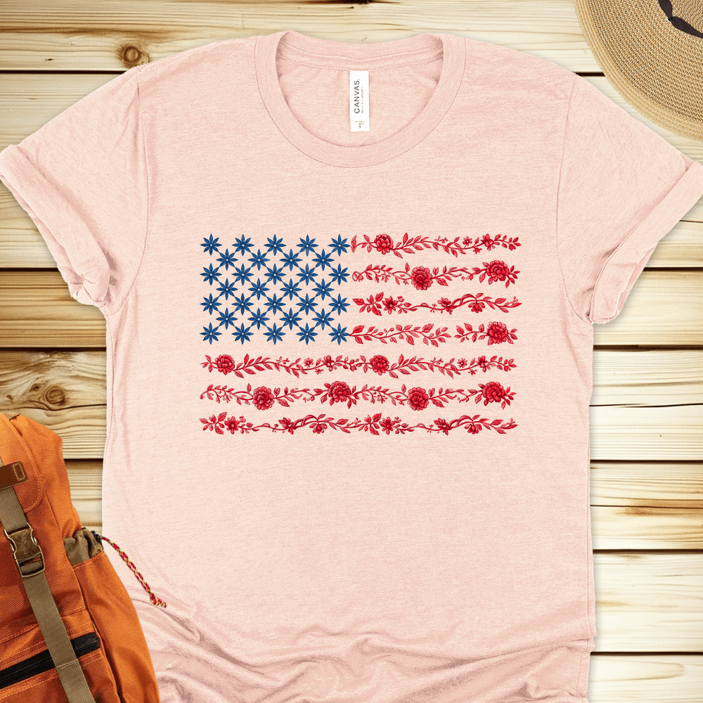1972 Us Flag In Flowers Tshirt - Heather Peach