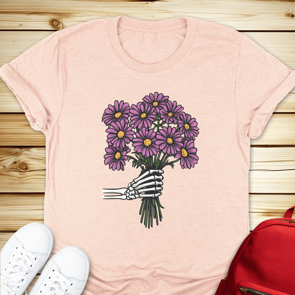 Skeleton Daisies Bouquet Tshirt - Heather Peach