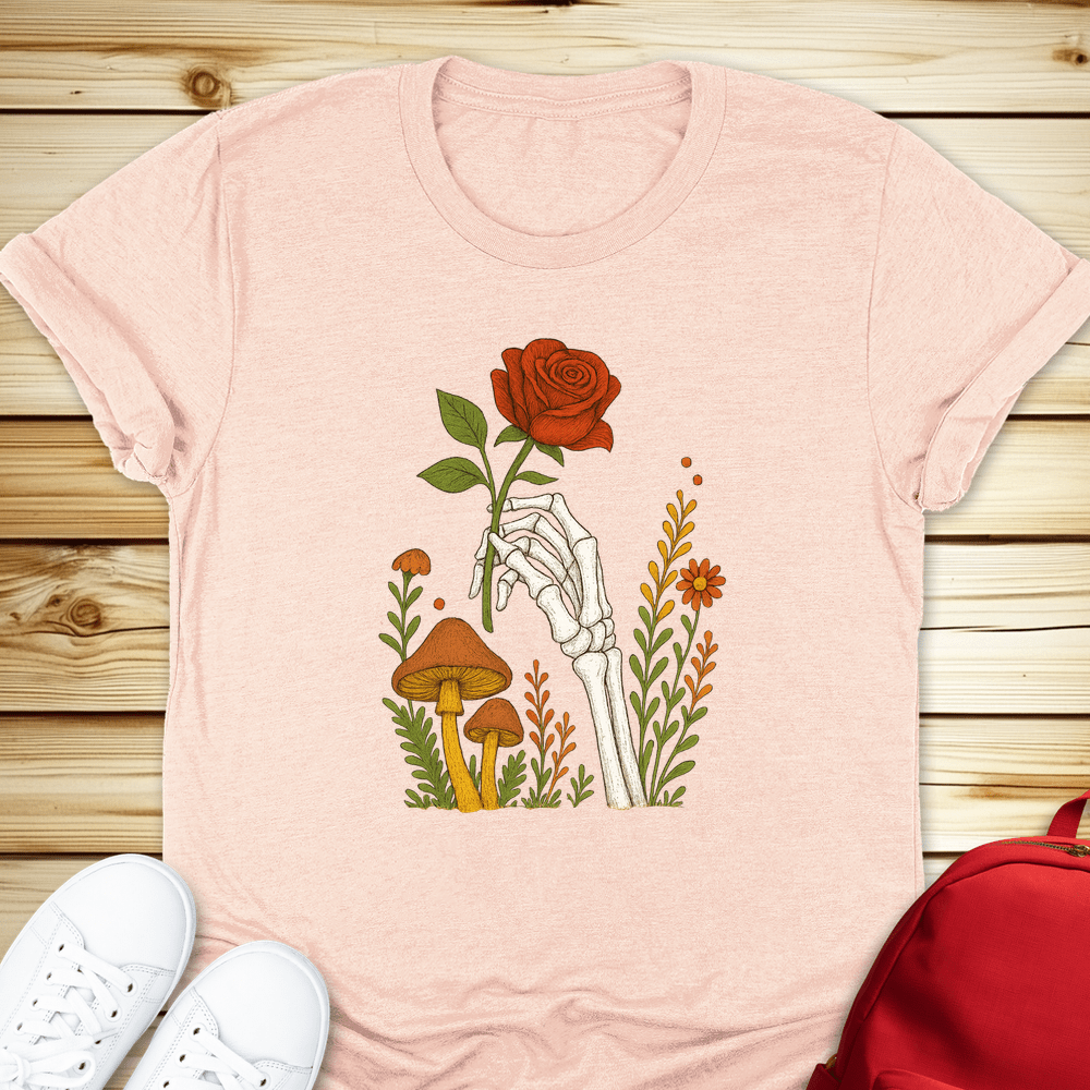 2168 Skeleton Hand With Rose Tshirt - Heather Peach
