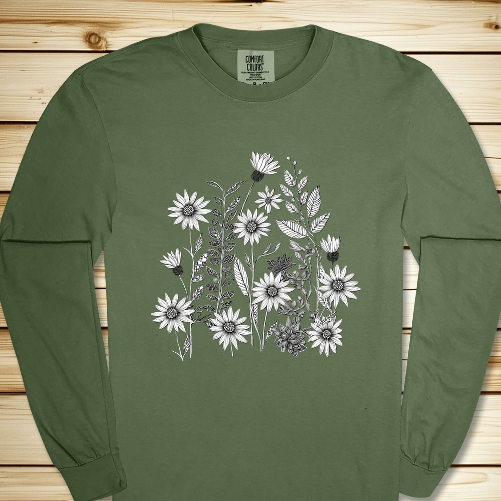 Monochrome Wildflowers Long Sleeve Tshirt - Hemp