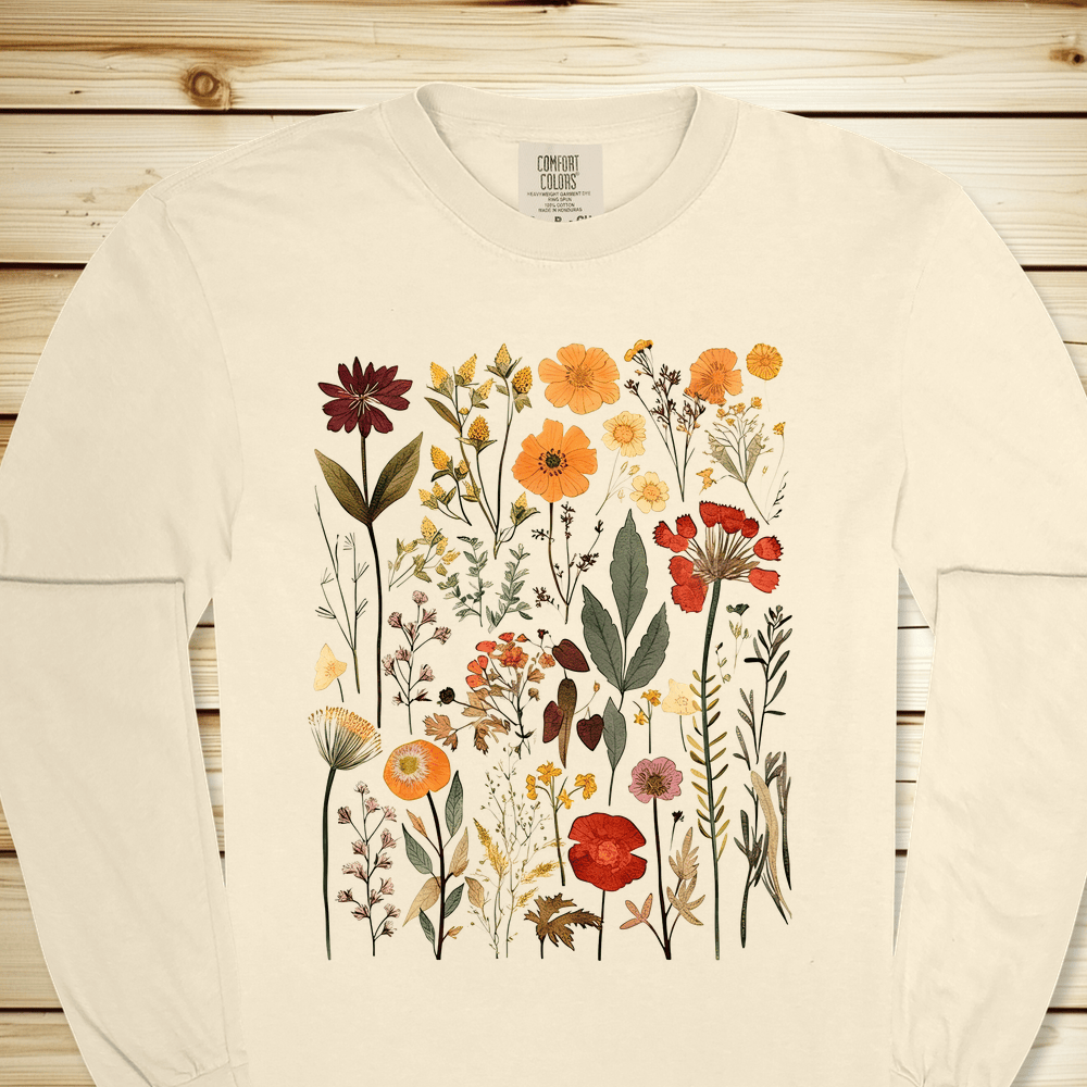 Vintage Pressed Flowers Long Sleeve Tshirt - Ivory