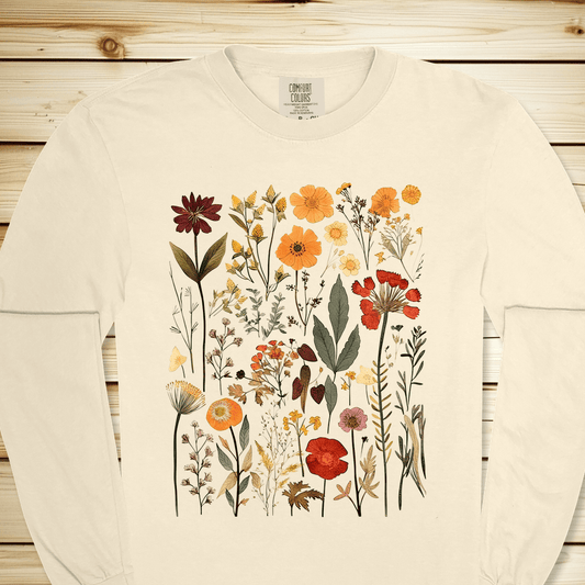 Vintage Pressed Flowers Long Sleeve Tshirt - Ivory