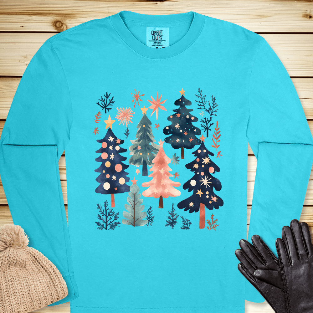 1686 Xmas Tree Long Sleeve Tshirt - Lagoon Blue