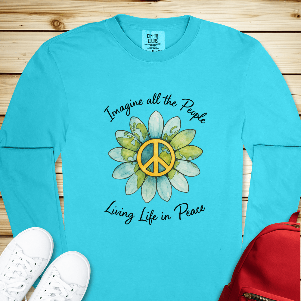 2058 Imagine All The People Long Sleeve Tshirt - Lagoon Blue