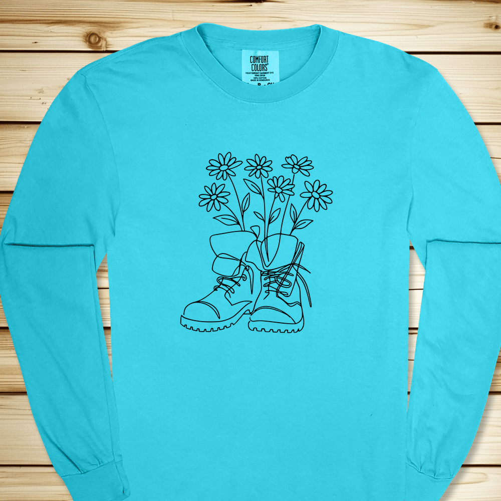 Wildflower Hiking Boots Long Sleeve Tshirt - Lagoon Blue