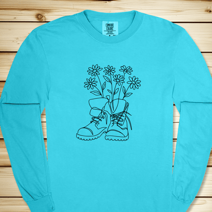 Wildflower Hiking Boots Long Sleeve Tshirt - Lagoon Blue
