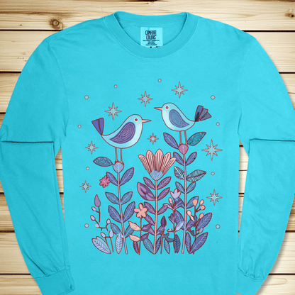 2277 Birds In Twilight Long Sleeve Tshirt - Lagoon Blue