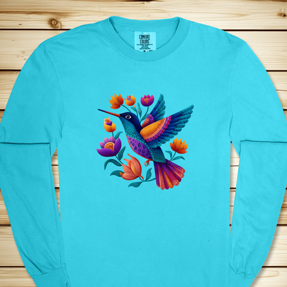 Colorful Humingbird Long Sleeve Tshirt - Lagoon Blue