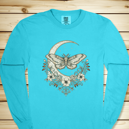 Green Moth Crescent Moon Long Sleeve Tshirt - Lagoon Blue