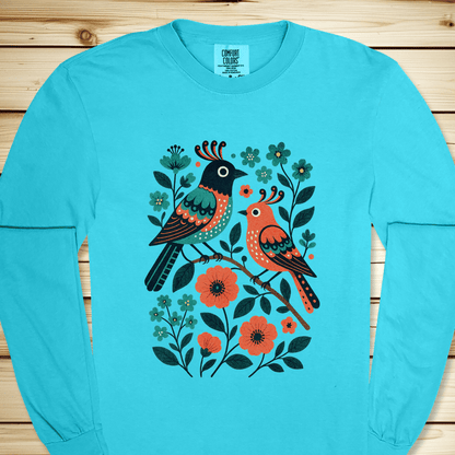 2276 Birds In Bramble Long Sleeve Tshirt - Lagoon Blue
