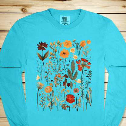 Vintage Pressed Flowers Long Sleeve Tshirt - Lagoon Blue