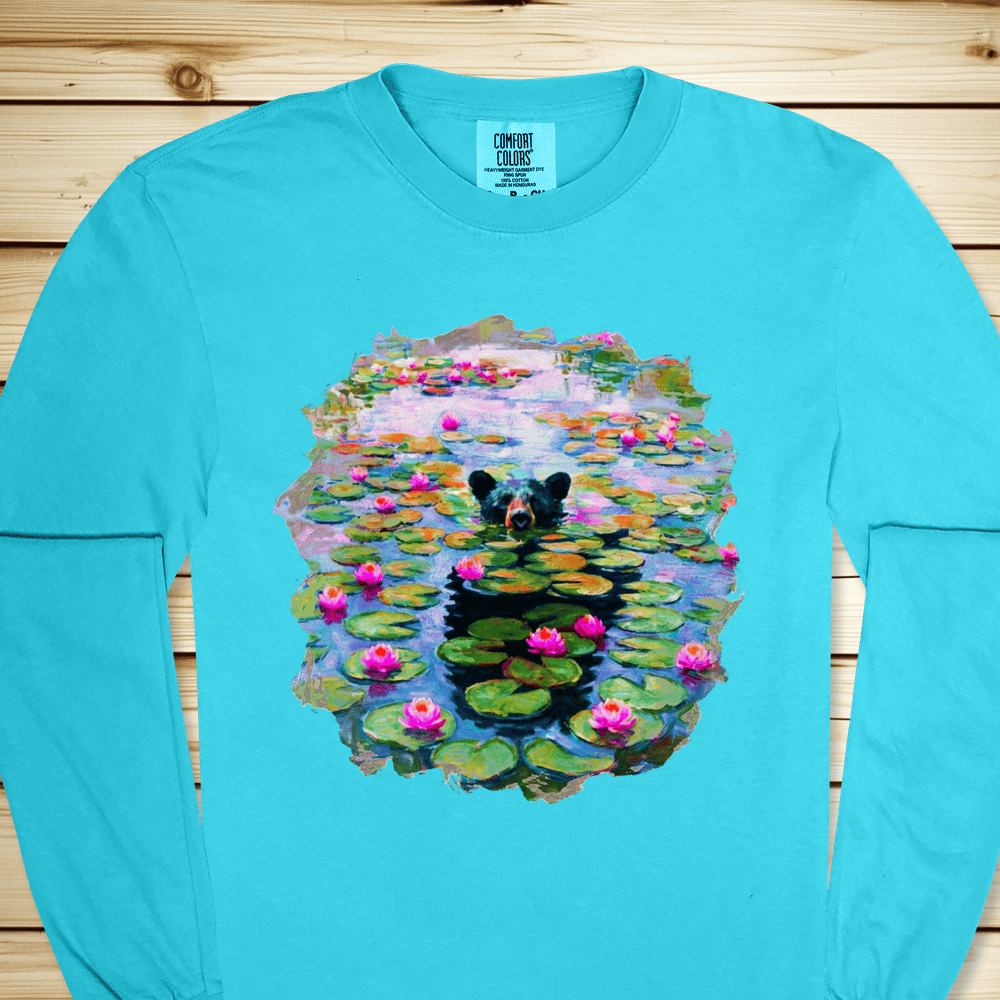 Bear And Water Lillies Long Sleeve Tshirt - Lagoon Blue