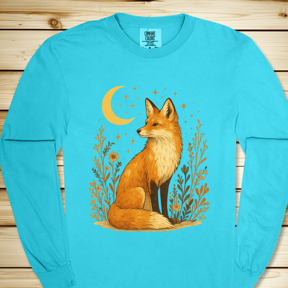 Fox In The Moonlight Long Sleeve Tshirt - Lagoon Blue