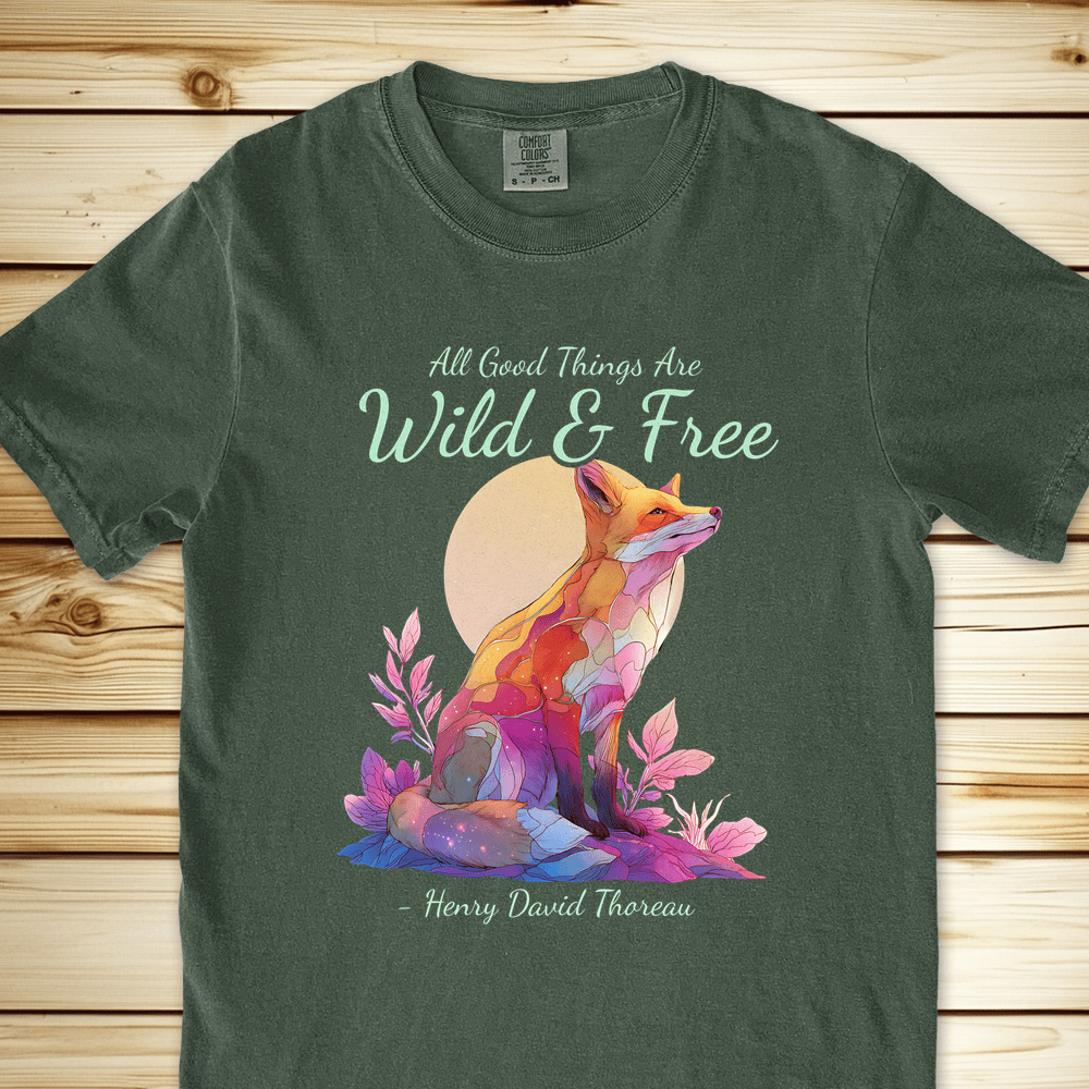 Wild And Free Thoreau Quote Relaxed Fit Tee - Moss