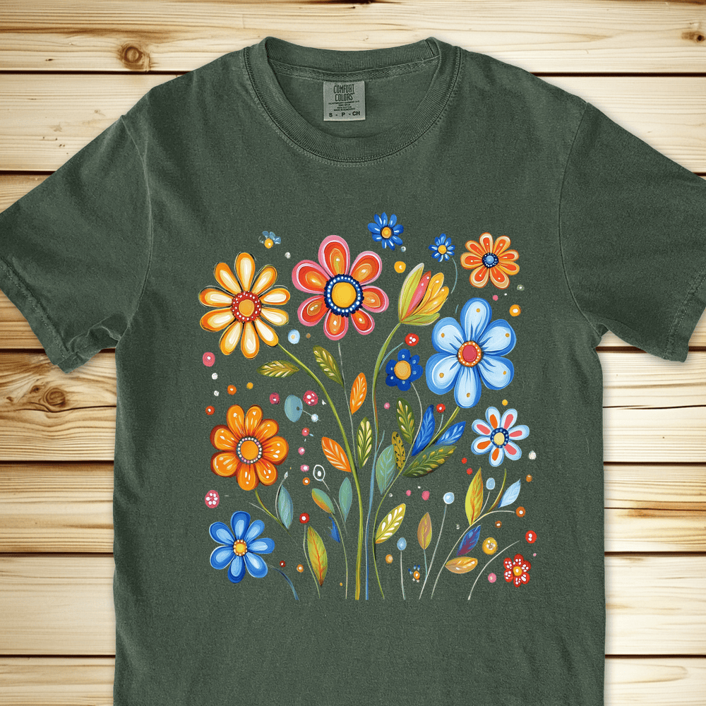 1687 Painted Flowers Relaxed Fit Tee - Moss