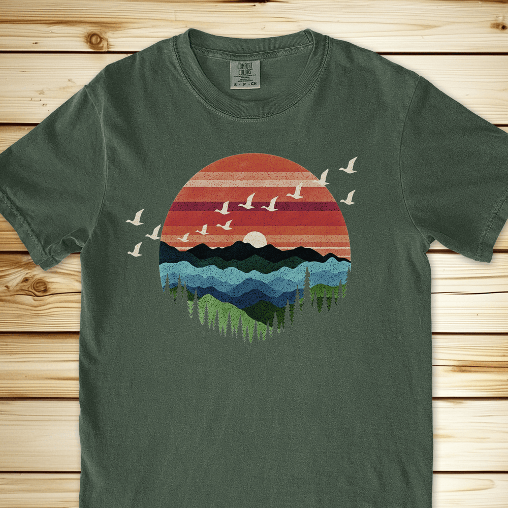 Retro Mountain Birds Relaxed Fit Tee - Moss