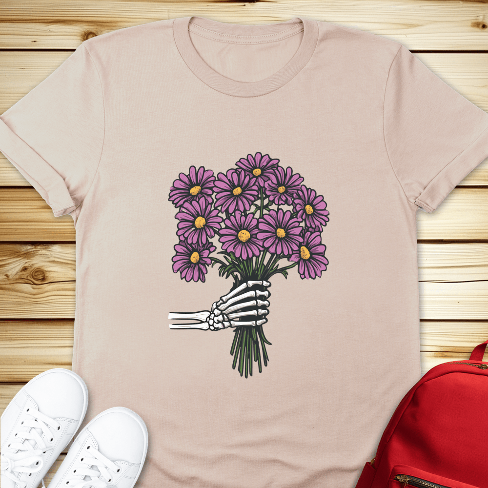 Skeleton Daisies Bouquet Tshirt - Natural