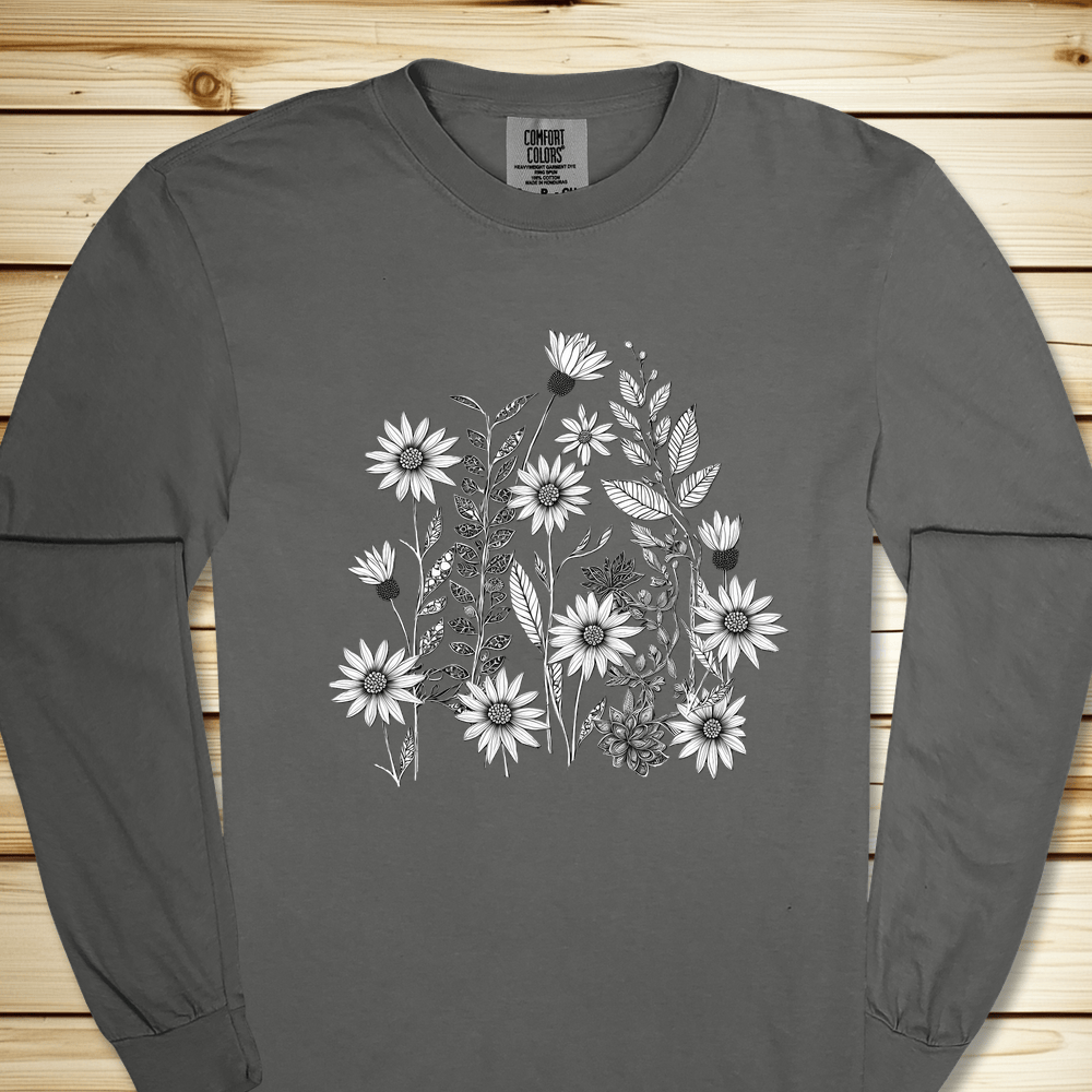 Monochrome Wildflowers Long Sleeve Tshirt - Pepper