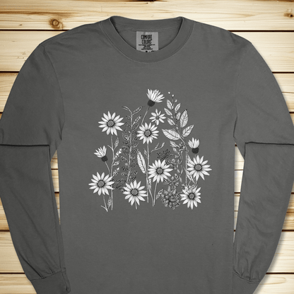Monochrome Wildflowers Long Sleeve Tshirt - Pepper