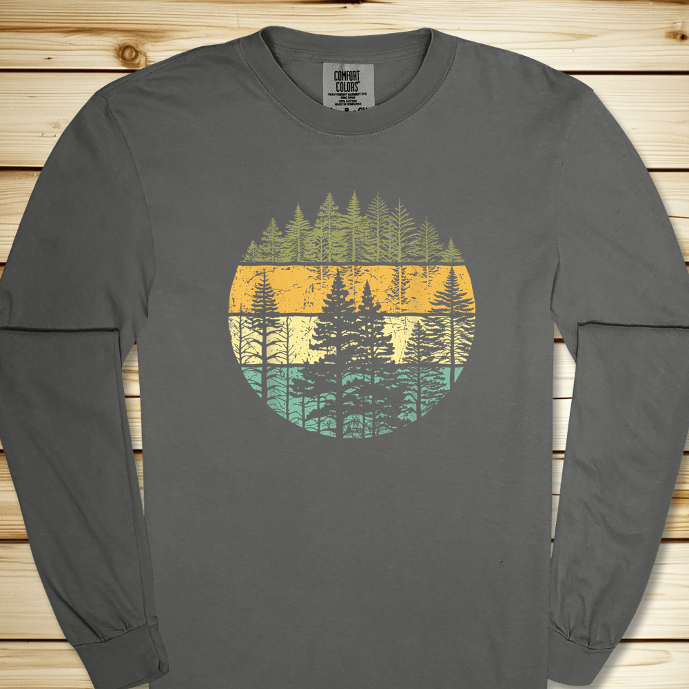 2271 Distressed Woodsy Trees Long Sleeve Tshirt - Pepper