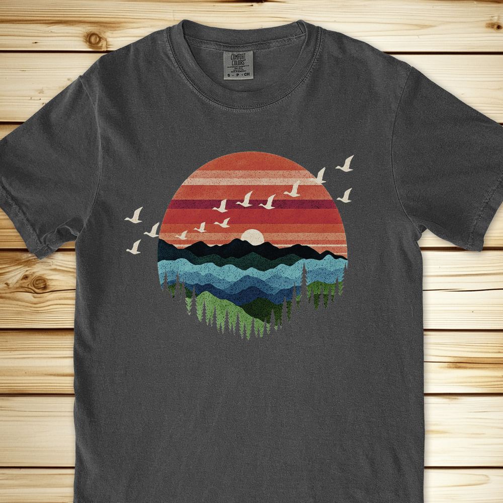 Retro Mountain Birds Relaxed Fit Tee - Pepper