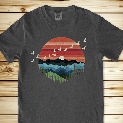Retro Mountain Birds Relaxed Fit Tee - Pepper