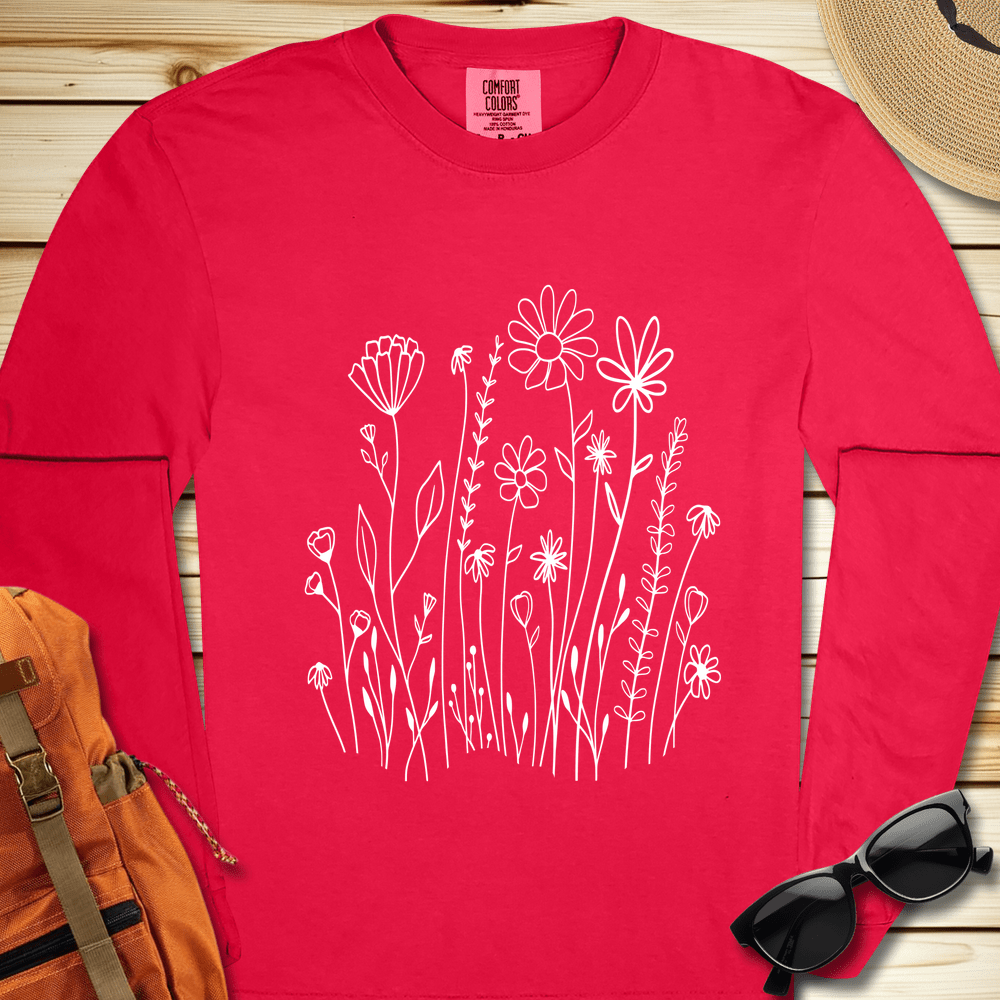 1648 White Wildflowers Long Sleeve Tshirt - Red
