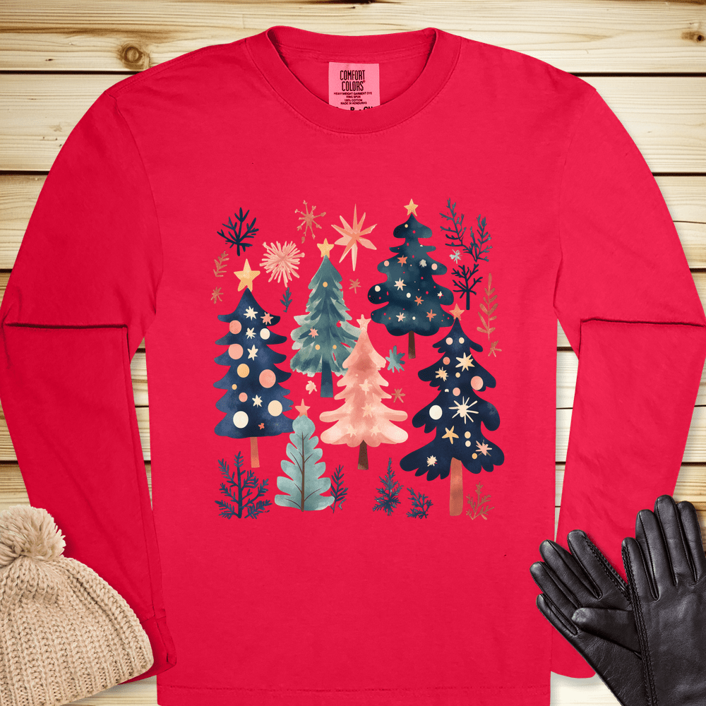 1686 Xmas Tree Long Sleeve Tshirt - Red