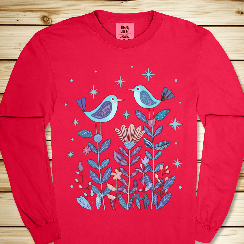 2277 Birds In Twilight Long Sleeve Tshirt - Red