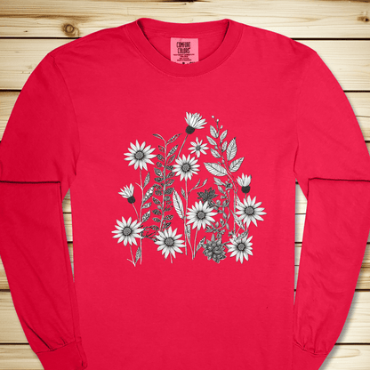Monochrome Wildflowers Long Sleeve Tshirt - Red