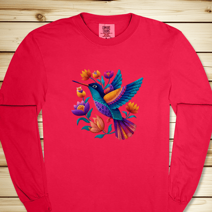 Colorful Humingbird Long Sleeve Tshirt - Red