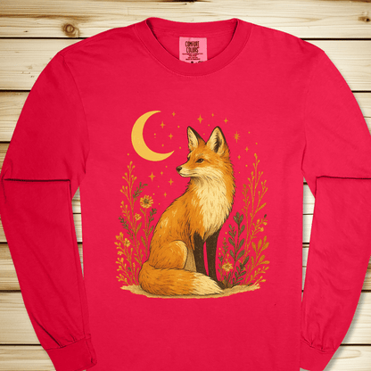 Fox In The Moonlight Long Sleeve Tshirt - Red