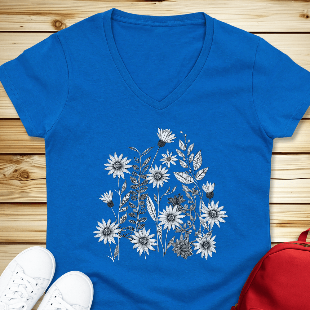 1484 Monochrome Wildflowers V-Neck - Royal