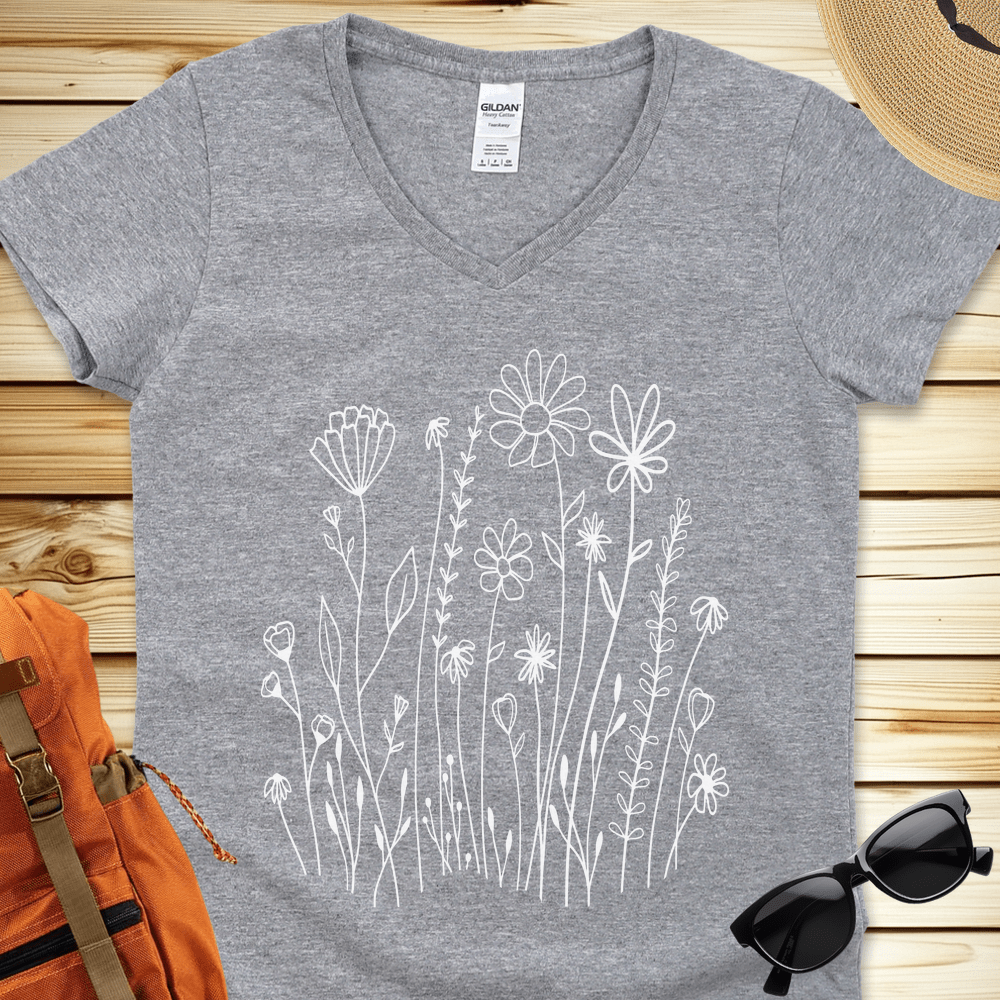 1648 White Wildflowers V-Neck Tshirt - Sport Grey