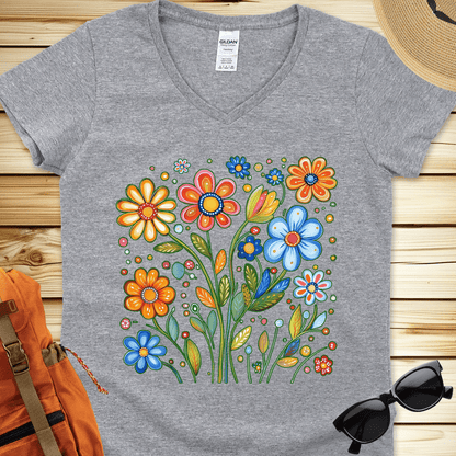 1687 Painted Flowers V-Neck Tshirt - Sport Grey