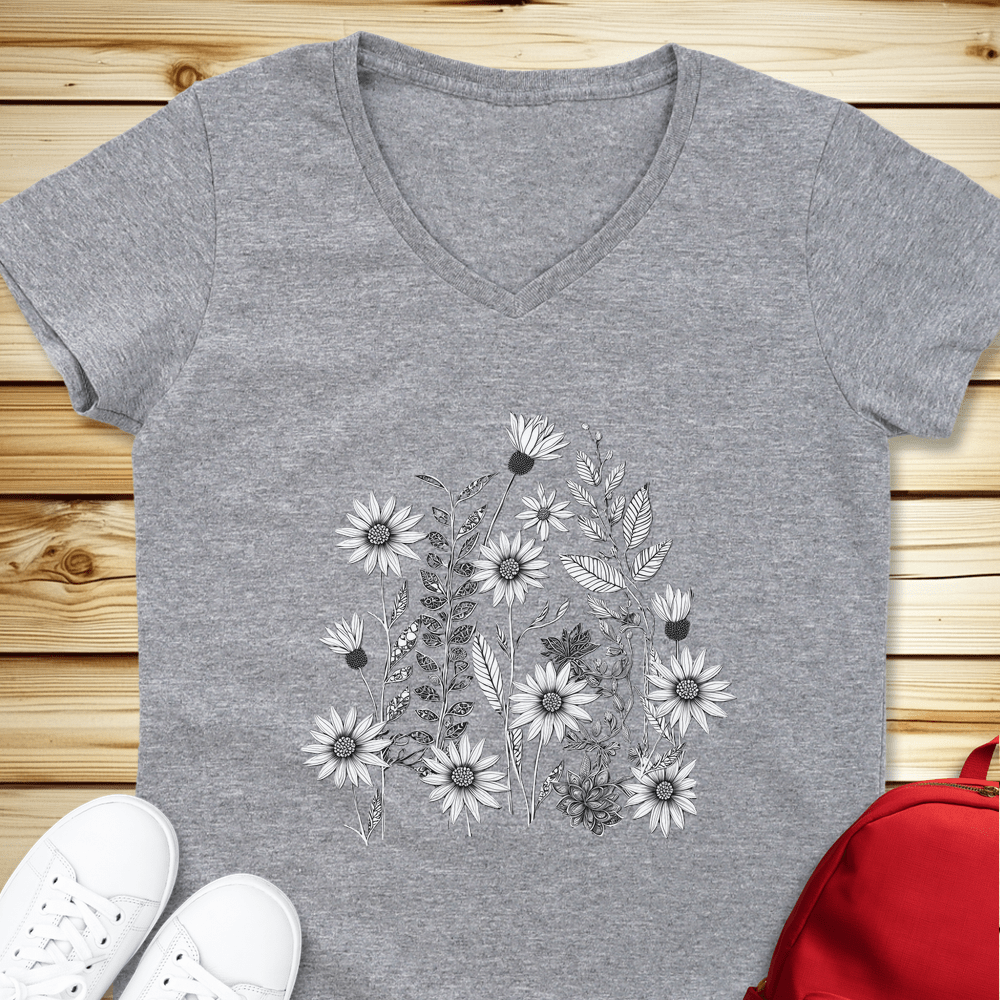 1484 Monochrome Wildflowers V-Neck - Sport Grey