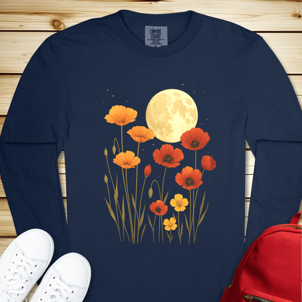Poppies In The Moonlight Long Sleeve Tshirt - True Navy