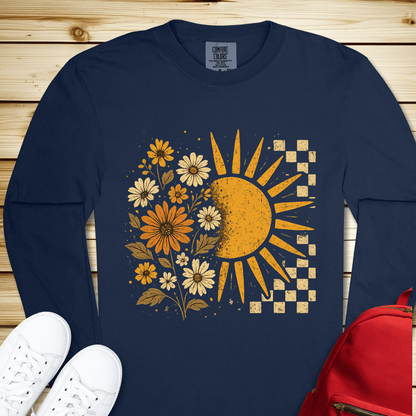 2187 Checkerboard Floral Sun Long Sleeve Tshirt - True Navy