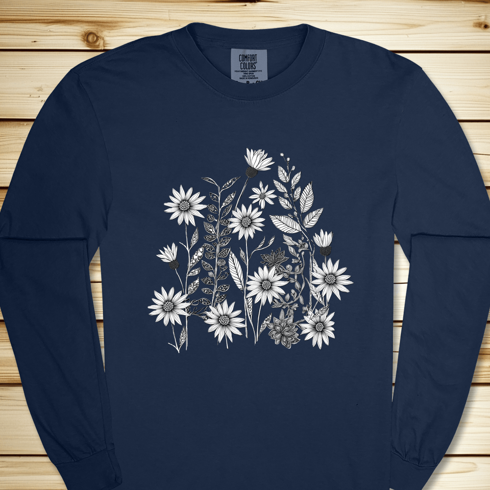 Monochrome Wildflowers Long Sleeve Tshirt - True Navy