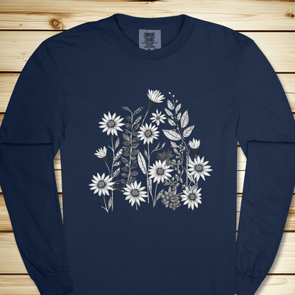Monochrome Wildflowers Long Sleeve Tshirt - True Navy