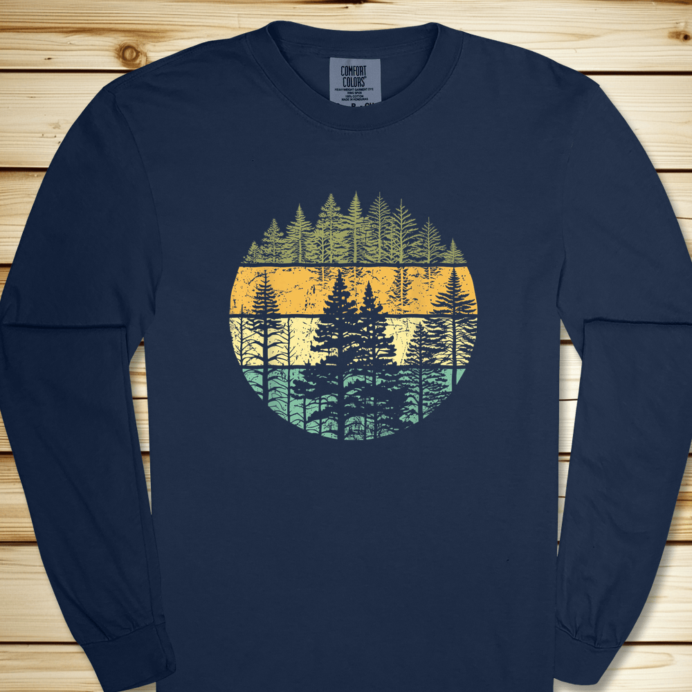 2271 Distressed Woodsy Trees Long Sleeve Tshirt - True Navy