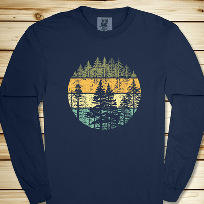 2271 Distressed Woodsy Trees Long Sleeve Tshirt - True Navy