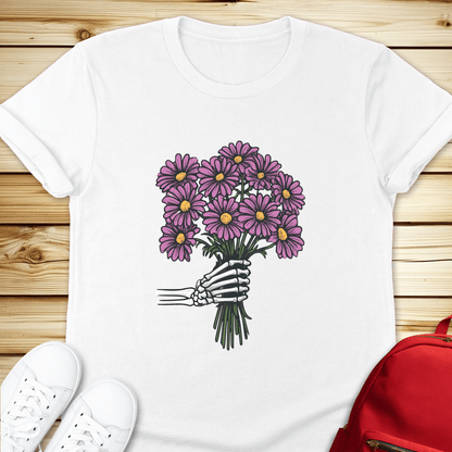 Skeleton Daisies Bouquet Tshirt - White