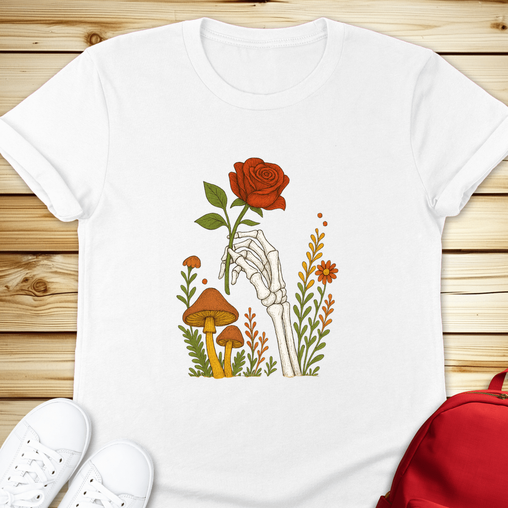 2168 Skeleton Hand With Rose Tshirt - White