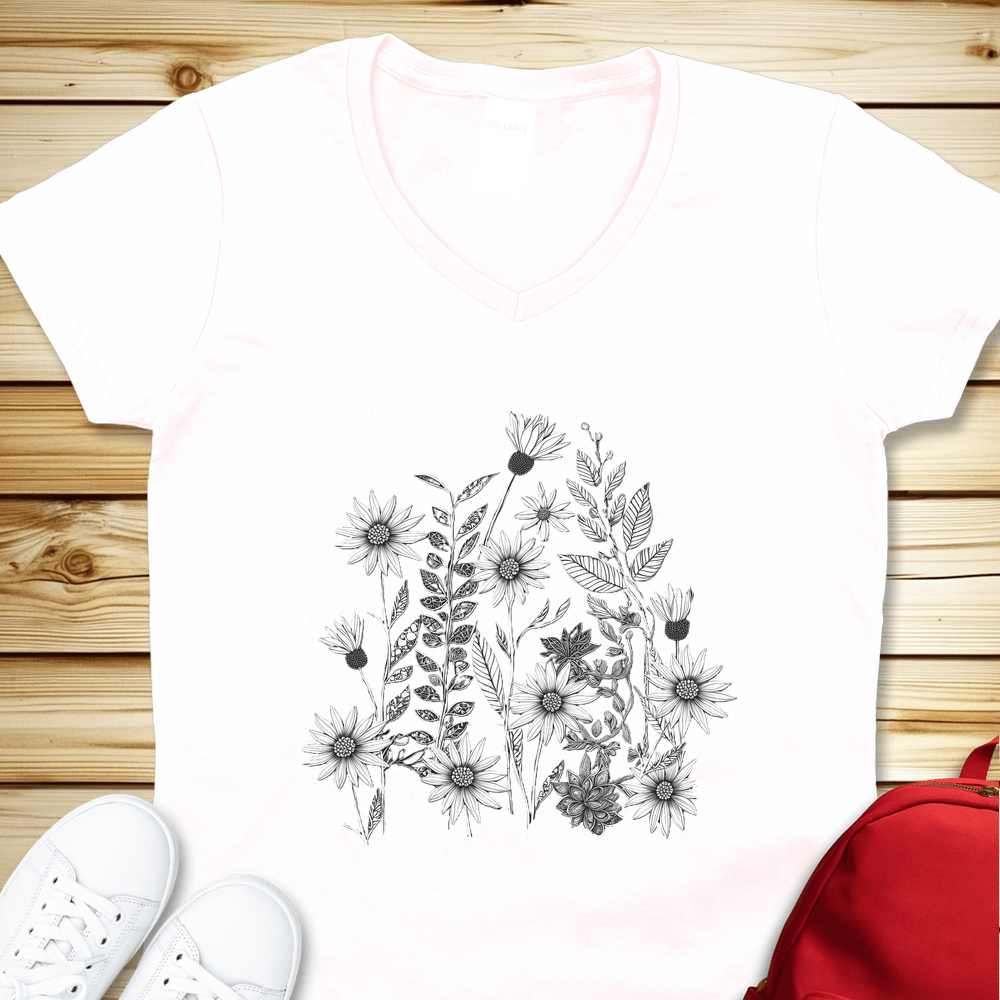 1484 Monochrome Wildflowers V-Neck - White