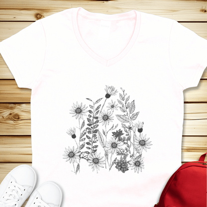 1484 Monochrome Wildflowers V-Neck - White