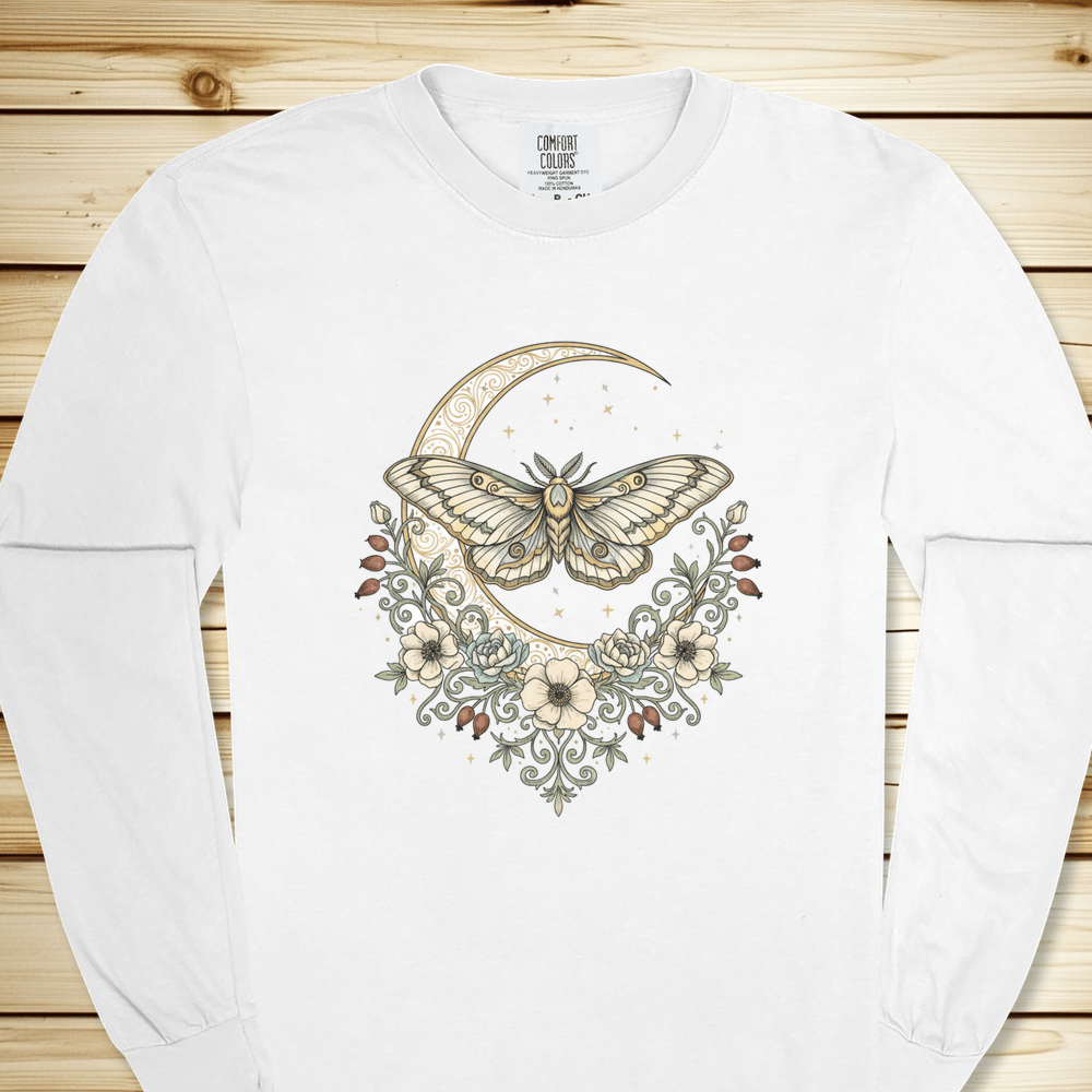 Green Moth Crescent Moon Long Sleeve Tshirt - White
