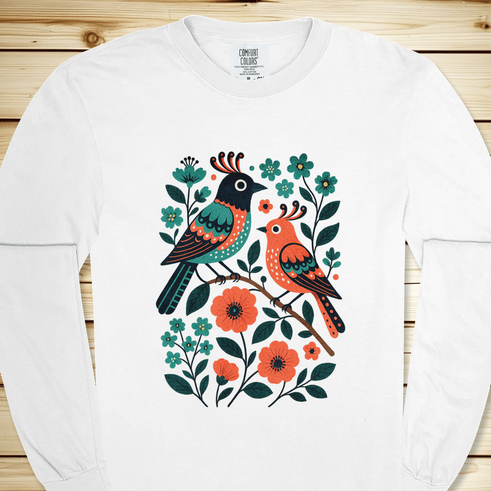 2276 Birds In Bramble Long Sleeve Tshirt - White