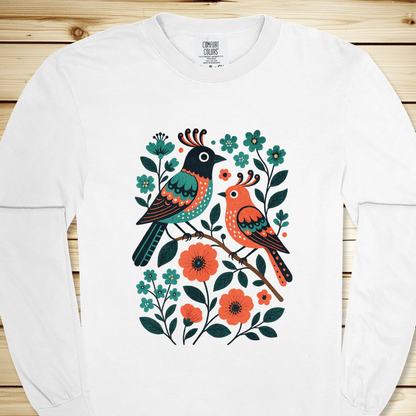2276 Birds In Bramble Long Sleeve Tshirt - White